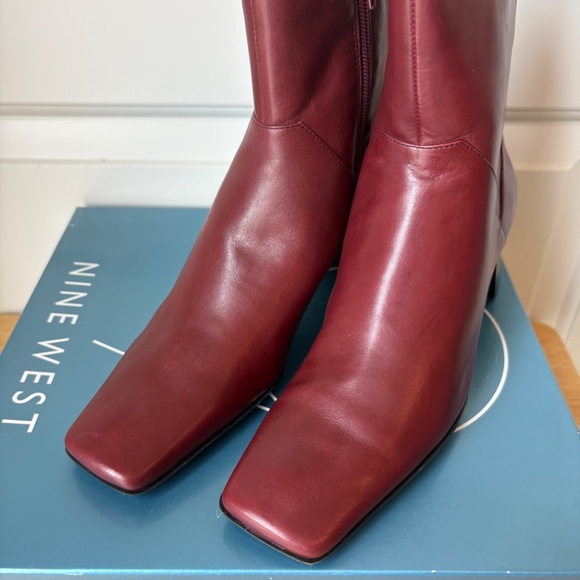 Nine West Womens Square Toe Boots Chunky Heel Zip Up Dark Red Leather Size 6 - Picture 2 of 5